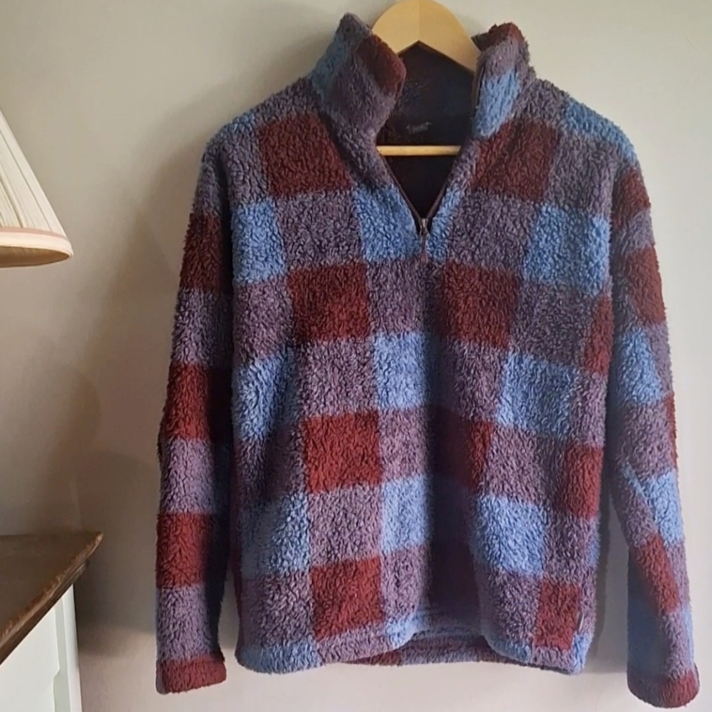 Eddie Bauer Plaid Cowl Sweater - Burgundy and Blue